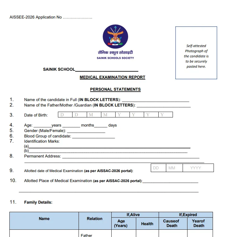AISSEE Sainik School Medical Test Form 2026