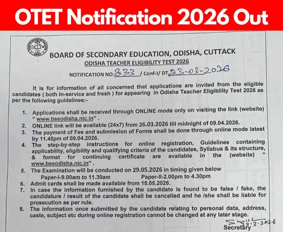 BSE Odisha OTET Notification 2026 Out