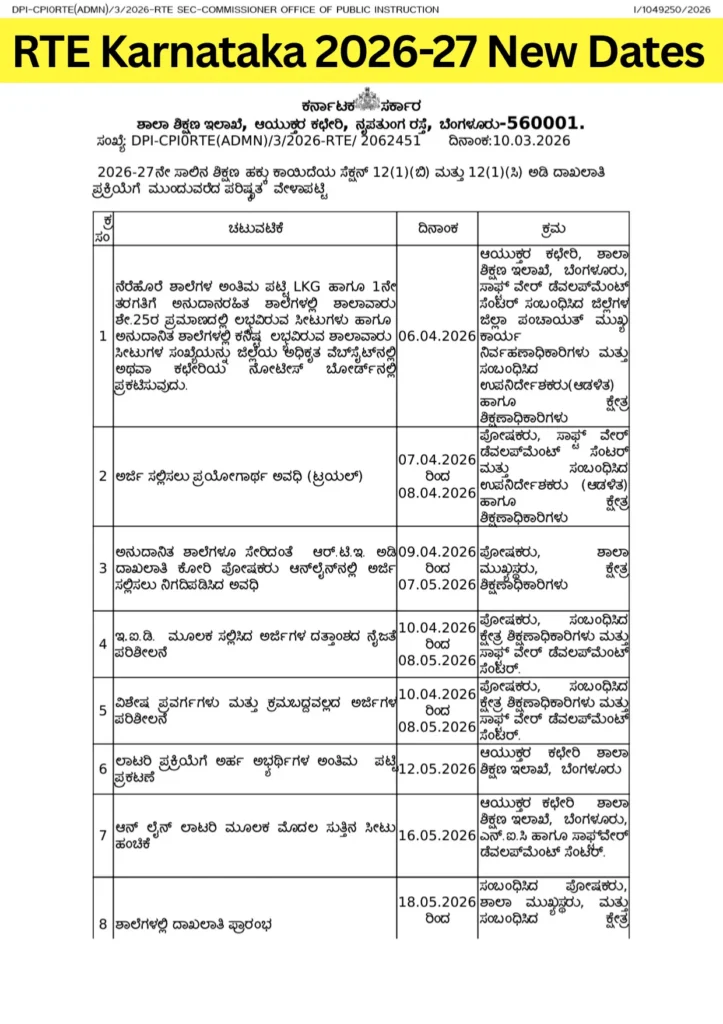 RTE Karnataka 2026-27 New Dates
